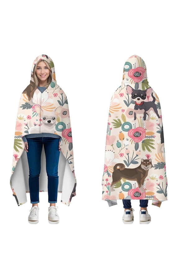 Wearable Blanket,Chihuahua and Pioneer Flower Hooded Wearable Flannel Blanket for Adults & Teens with Buckle,Winter Poncho Shawl Wrap Cape,60"x80"