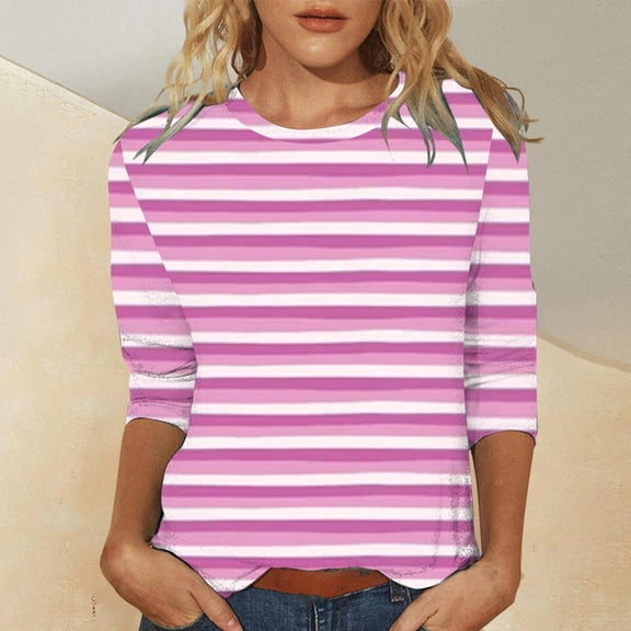 Zysthvn Women Shirts Summer Casual 3/4 Sleeve Striped Womens Tshirts Crew Neck Breathable
