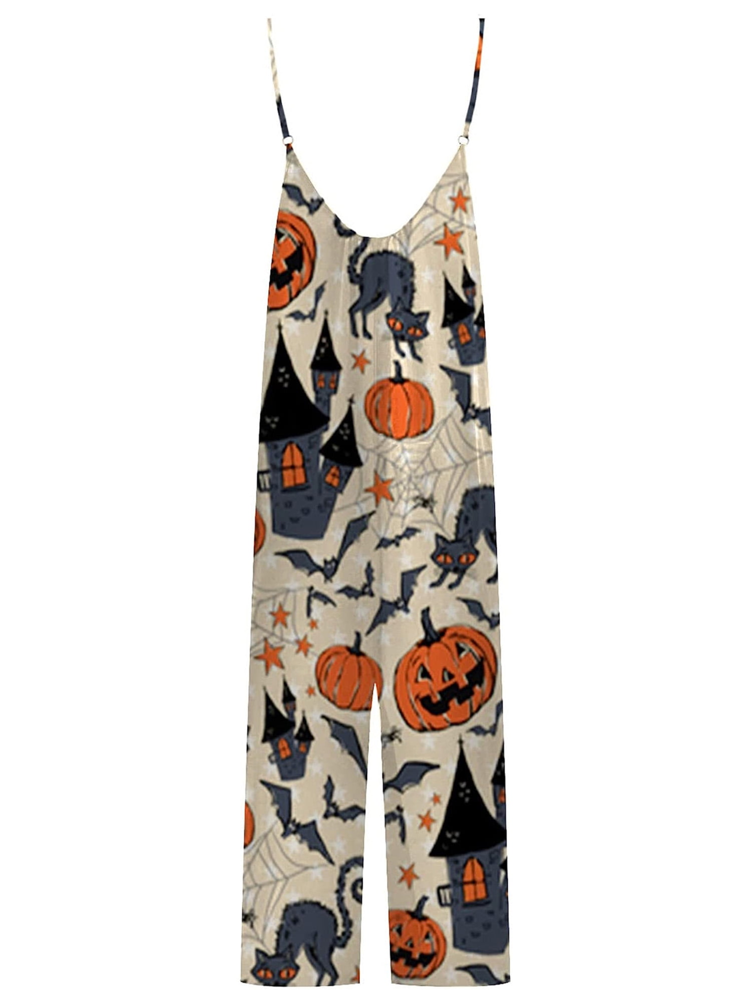 Women's Halloween Strap Jumpsuit Sleeveless One Piece Pumpkin Bat Cat Romper Playsuit Spaghetti Strap Baggy Overalls Pants