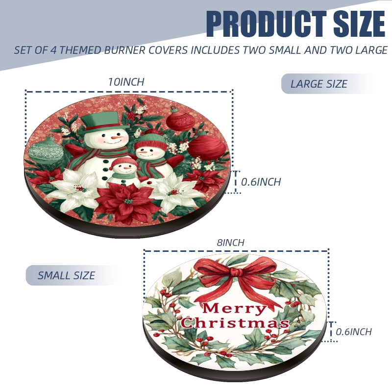 4 Pcs Christmas Gas Stove Burner Cap Set, Merry Christmas Joy with Black Border Durable Round Gas Stove Burner Covers Set of 4 for Kitchen Xmas Decor, 8 Inches and 10 Inches