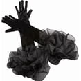 thumbnail image 1 of Guantes de boda de satén negro, largos, retro, formales, de terciopelo suave, elásticos, con volantes de tul transparente, puños plisados ​​sobre el codo., 1 of 9