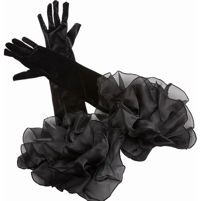 Guantes de boda de satén negro, largos, retro, formales, de terciopelo suave, elásticos, con volantes de tul transparente, puños plisados sobre el codo.