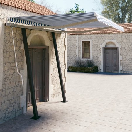 Walmeck Manual Retractable Awning with Posts 9.8 x8.2  Blue and White