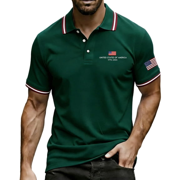 GrmtClth Mens American Flag Polo Shirt Independence Day Collared Shirts Athletic Tops Color Block Button Up Short Sleeve Trend Golf Polos Dark Green S