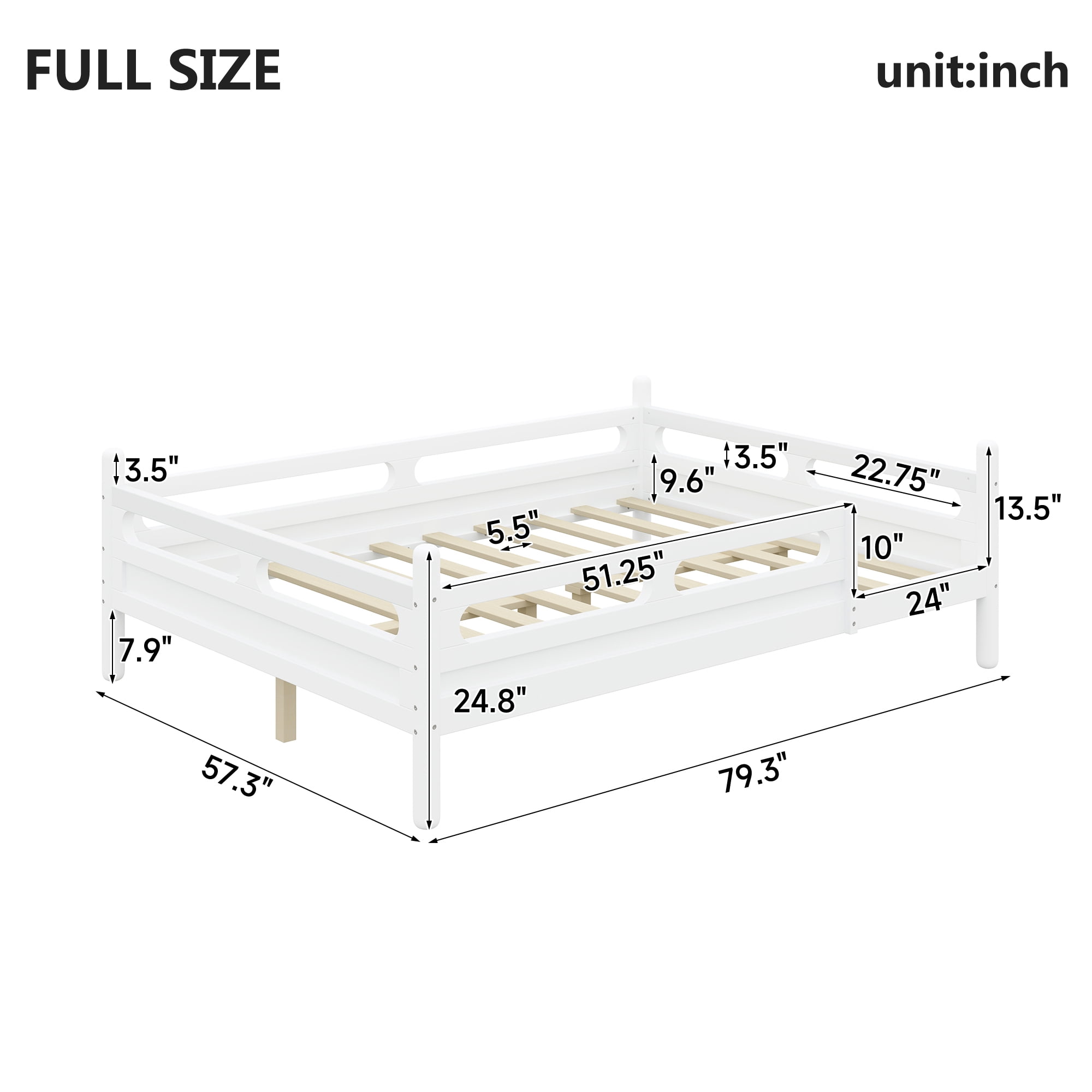Euroco Wood Full Size Platform Bed, Low Profile Bed with Guardrails and Slats Support, White