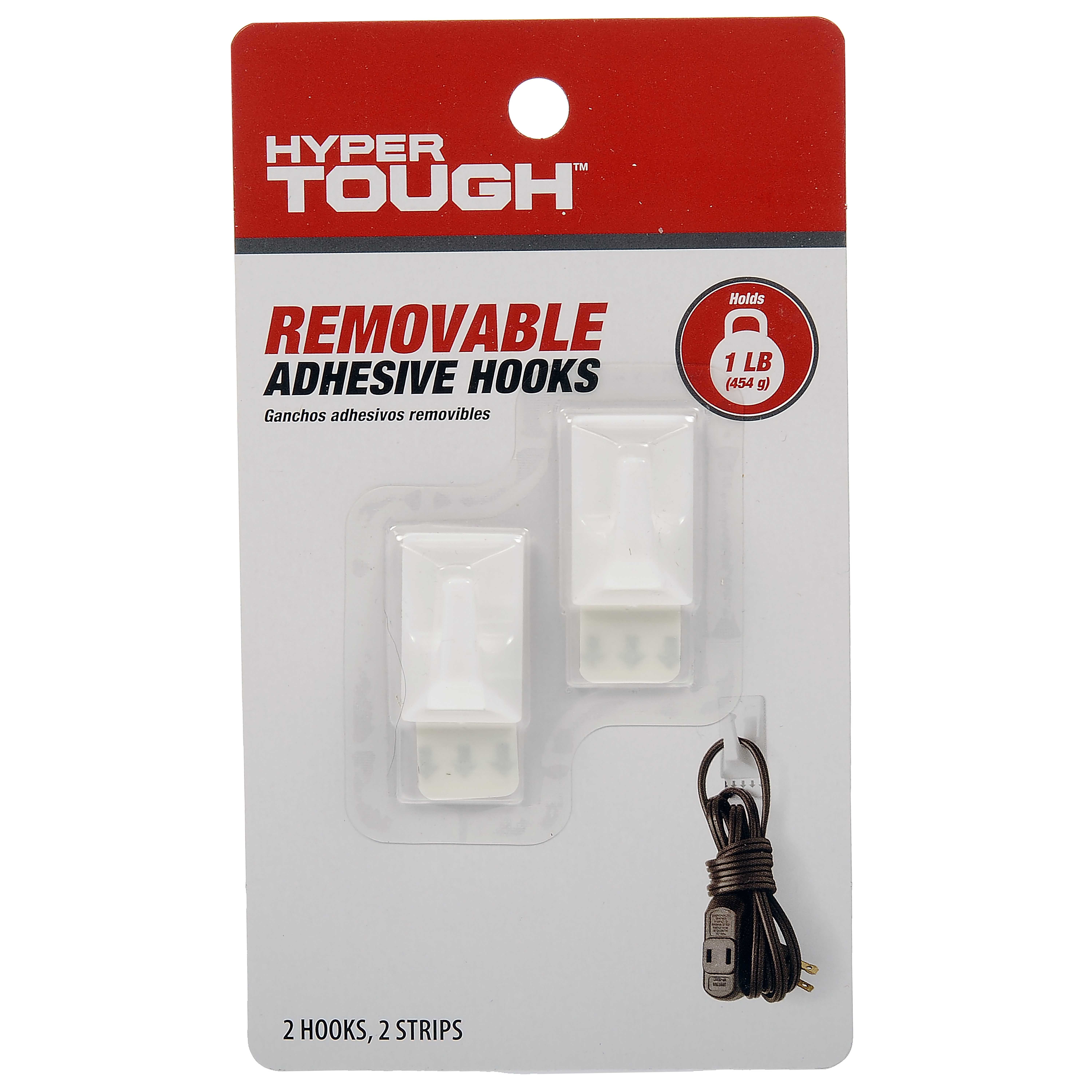 HyperTough, Small Removable Hook, 2 White Square Hooks, 2 White Adhesive Strips. Holds 1 lbs