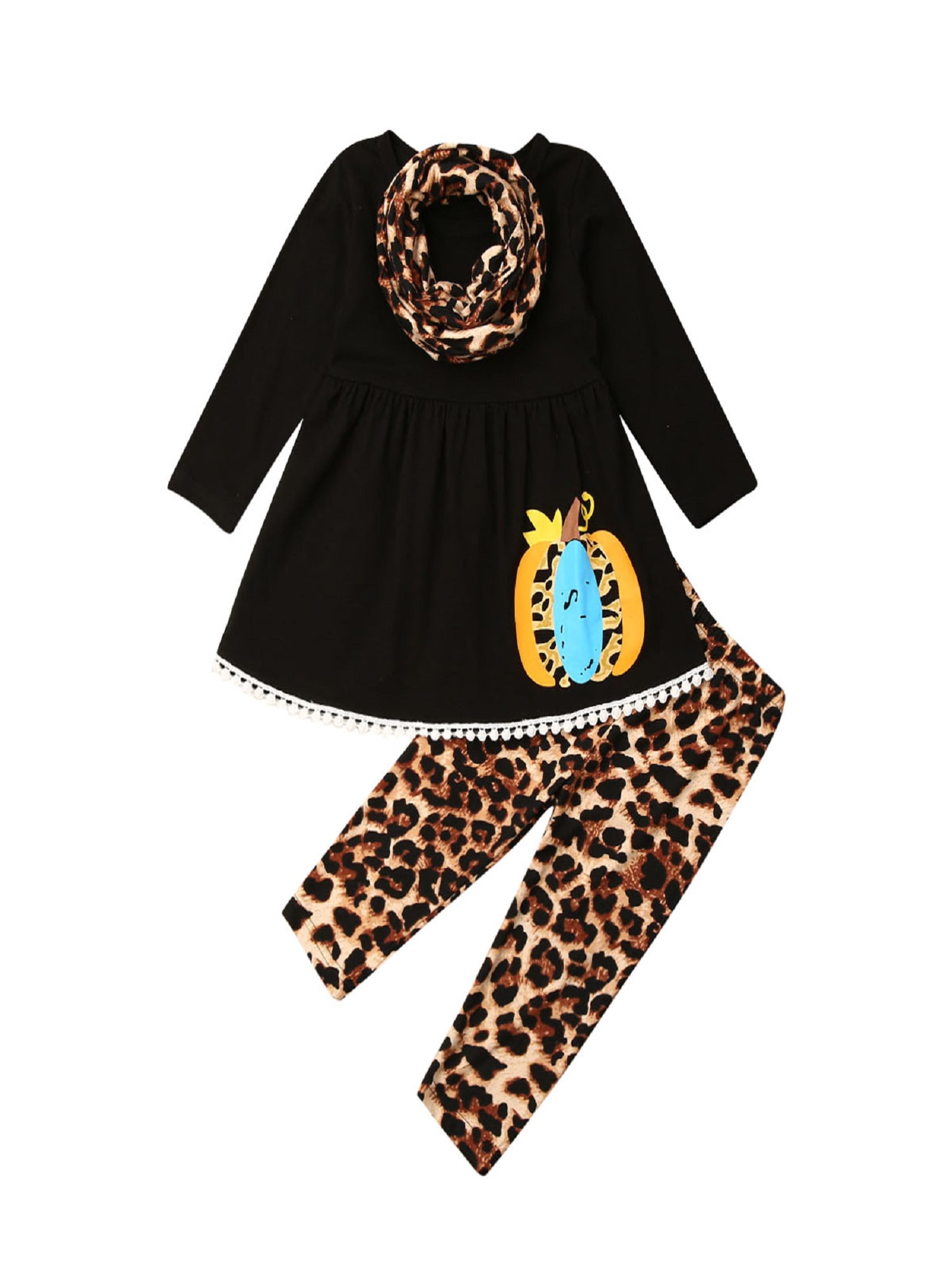 Canis Kids Baby Girls Clothes Pumpkin Tops+Leopard Print Suspender