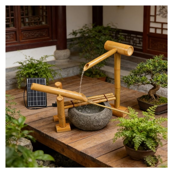 Zen Garden Water Fountain Solar Bamboo Water Feature Rocking Pump Water Landscape,Japanese Garden Decoration, 60cm