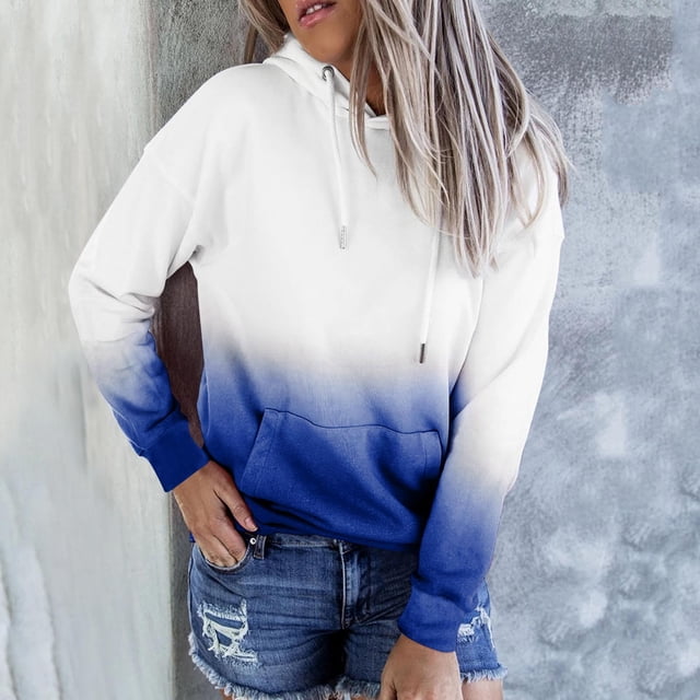 Simua Sweat à Capuche Mode pour Femmes Manches Longues Dégradé de Couleur Pull Ample avec Poche
