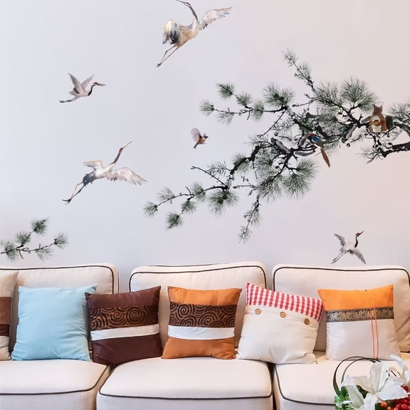 Pine Tree and Flying Birds Wall Decals Chinese Style Wall Stickers for Living Room Creative Wall Decals Transparent Peel and Stick Bedroom,Wall Murals Peel and Stick Wall Decorations for Living
