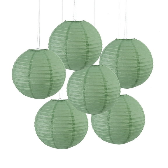 12" Medium Sage Green Hanging Round Paper Lanterns - 6 Piece