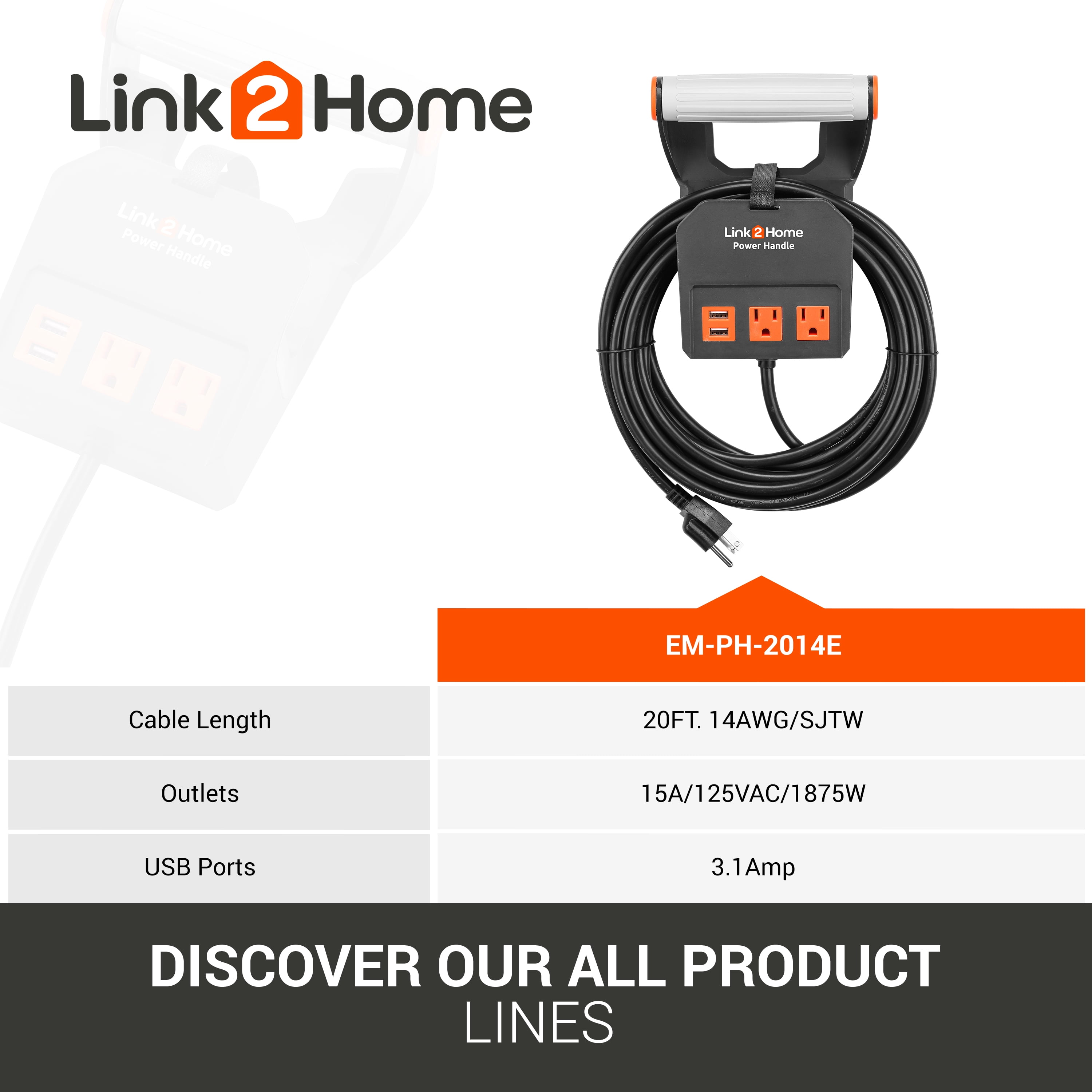 Link2Home Power Handle Extension Cord, 20 ft . 14AWG, 2 Outlets 15A