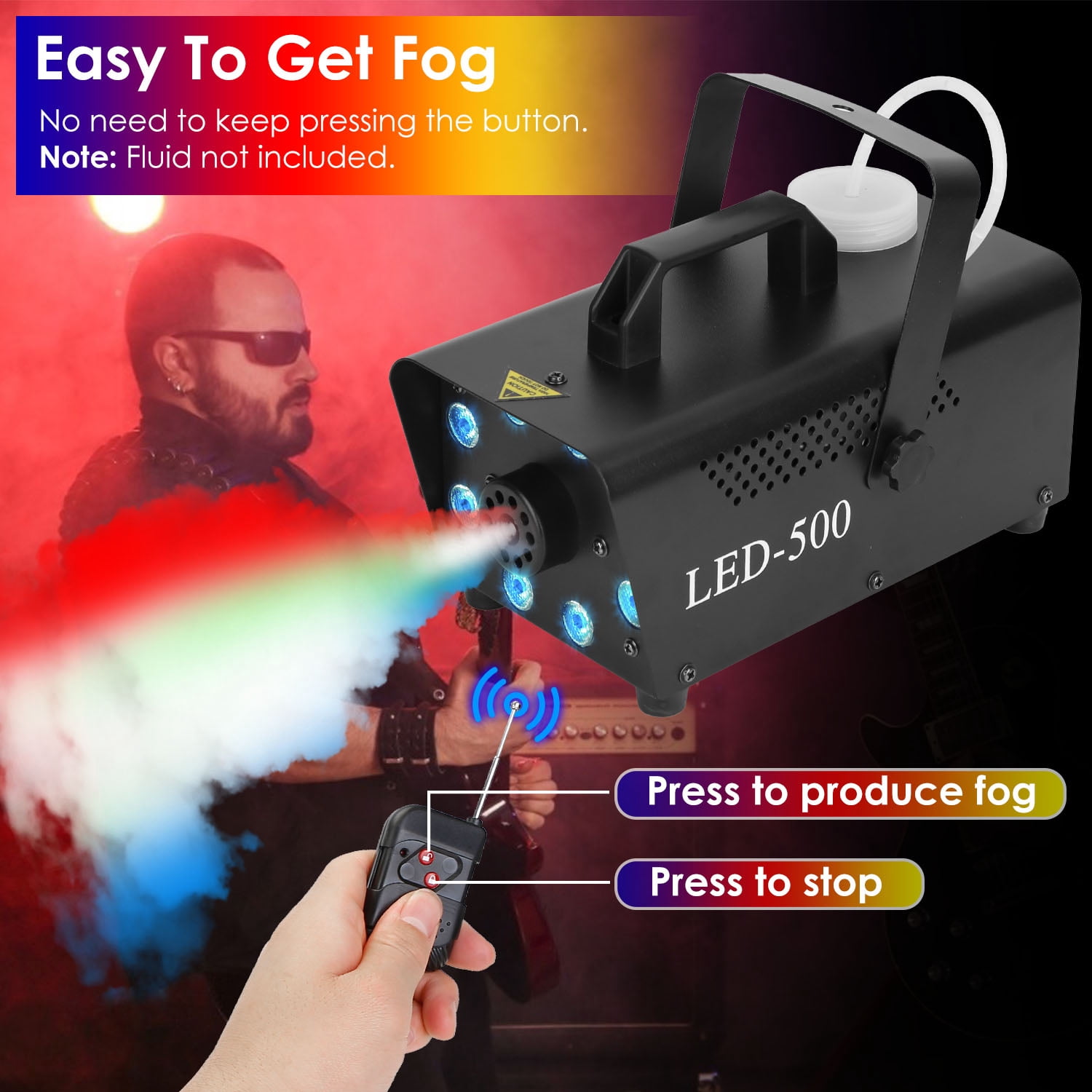 Fog Machine 2000CFM Colorful Smoke Machine with 8Pcs LEDs 5 Lighting Effects 3-Level Brightness