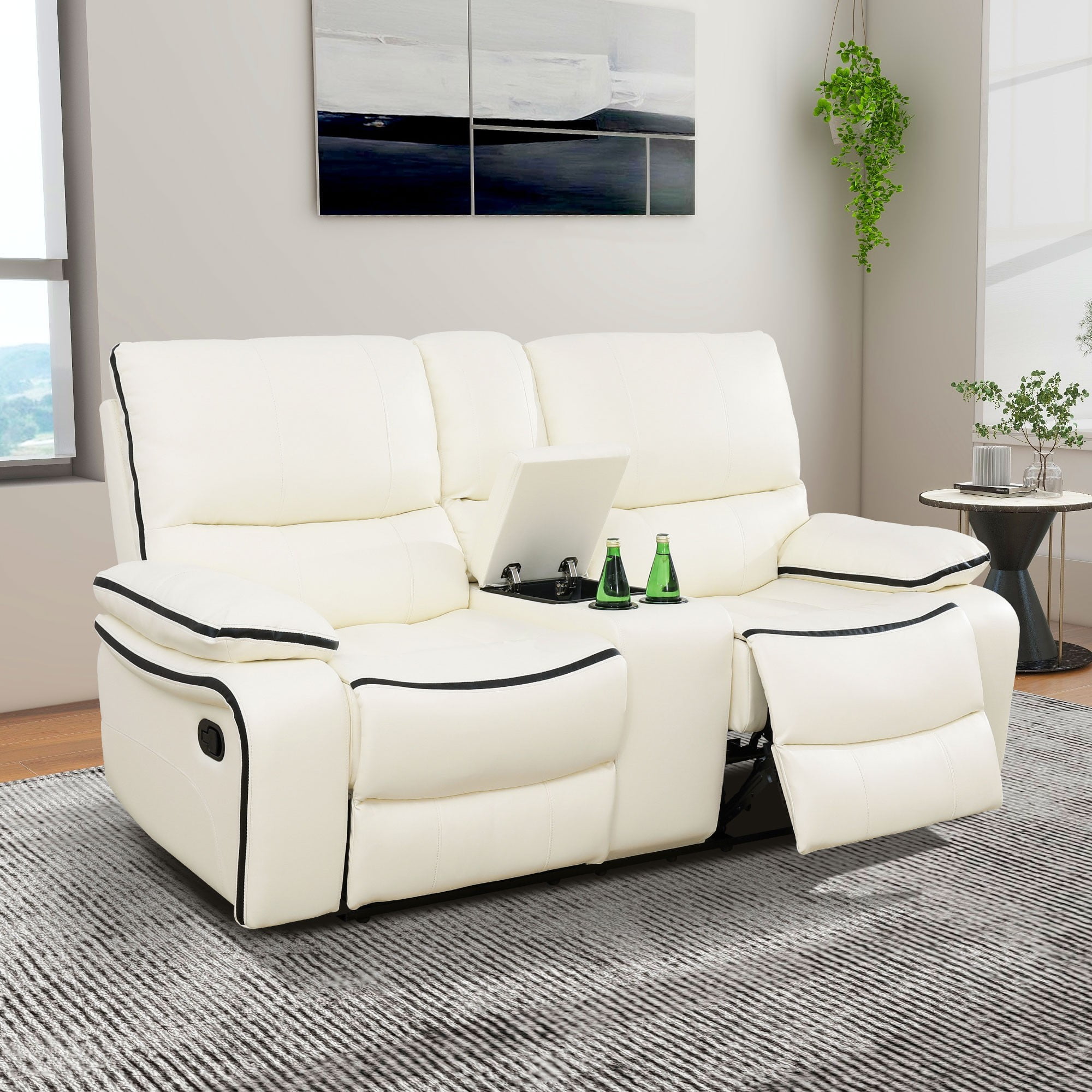 Gewnee 2-Seat Smart Sofa, Air Leather & Solid Wood Frame, Built-in Cup Holder, Adjustable Recline for Living Room Home Relaxation, Off-white
