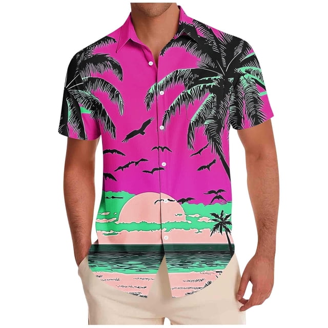Mens Casual Manga Corta Botón Abajo Camisas Impresas Botón de Bolsillo Turndown Collar Blusa para Verano Al Aire Libre Casual Diario