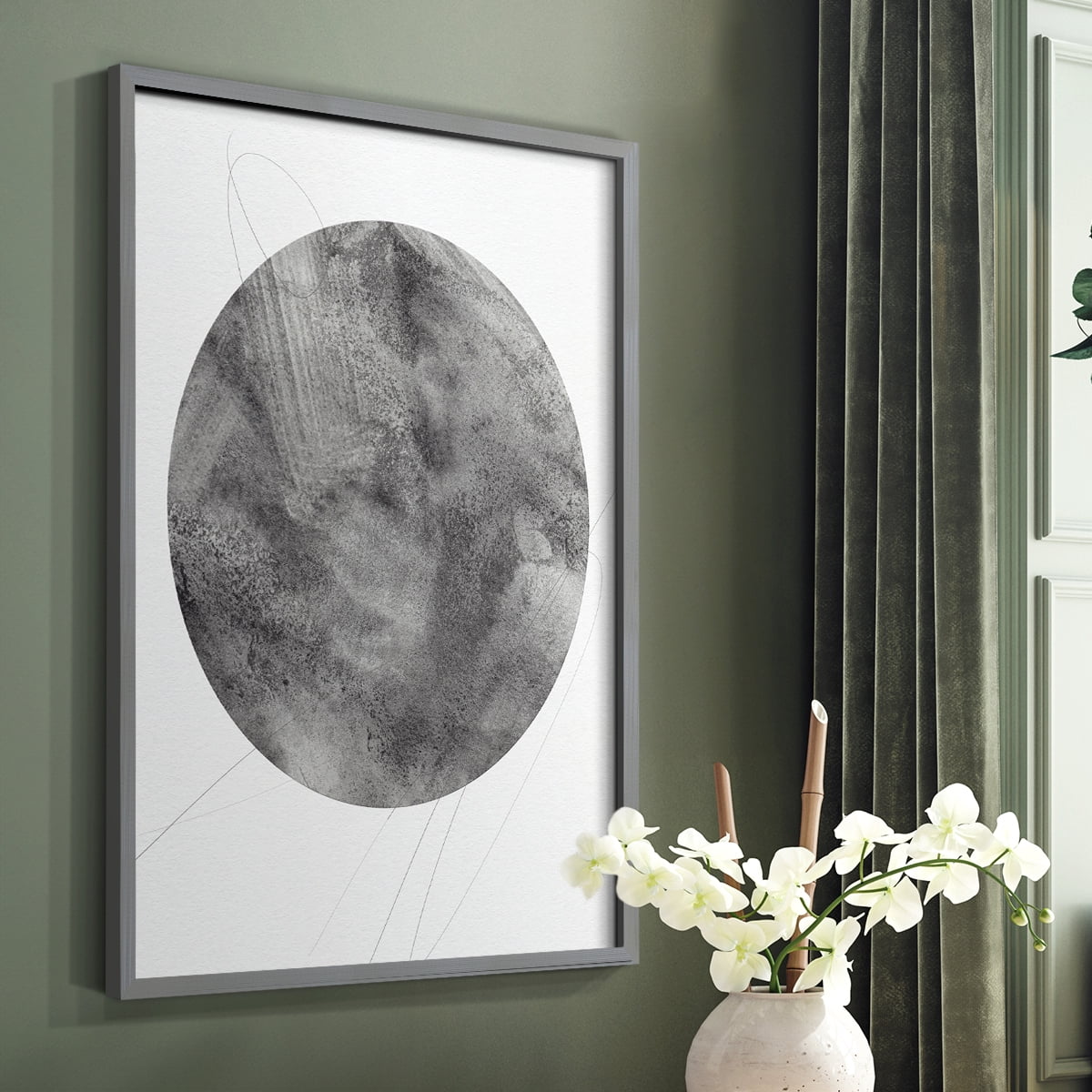 Graphite Moon II Framed Print in Gray Solid Wood Framed Print No Nail Hanging