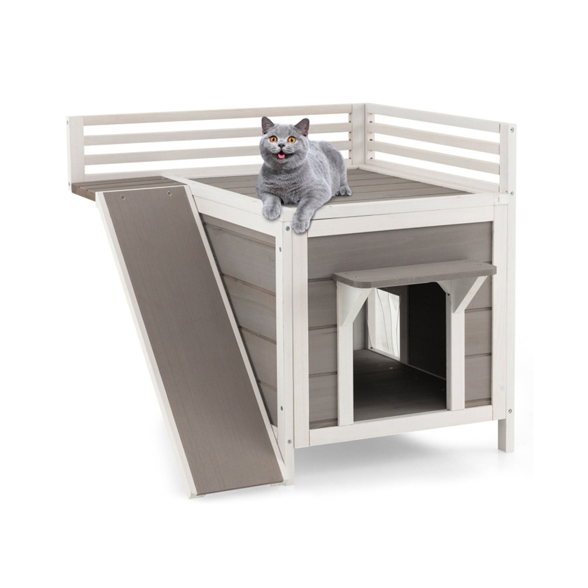 Pefilos 27" Outdoor Cat House, Wood Cat Condo for Small Cats, Weatherproof Cat Shelter with Escape Door, Gray Pefilos 27" Outdoor Cat House, Wood Cat Condo for Small Cats, Weatherproof Cat Shelter with Escape Door, Gray