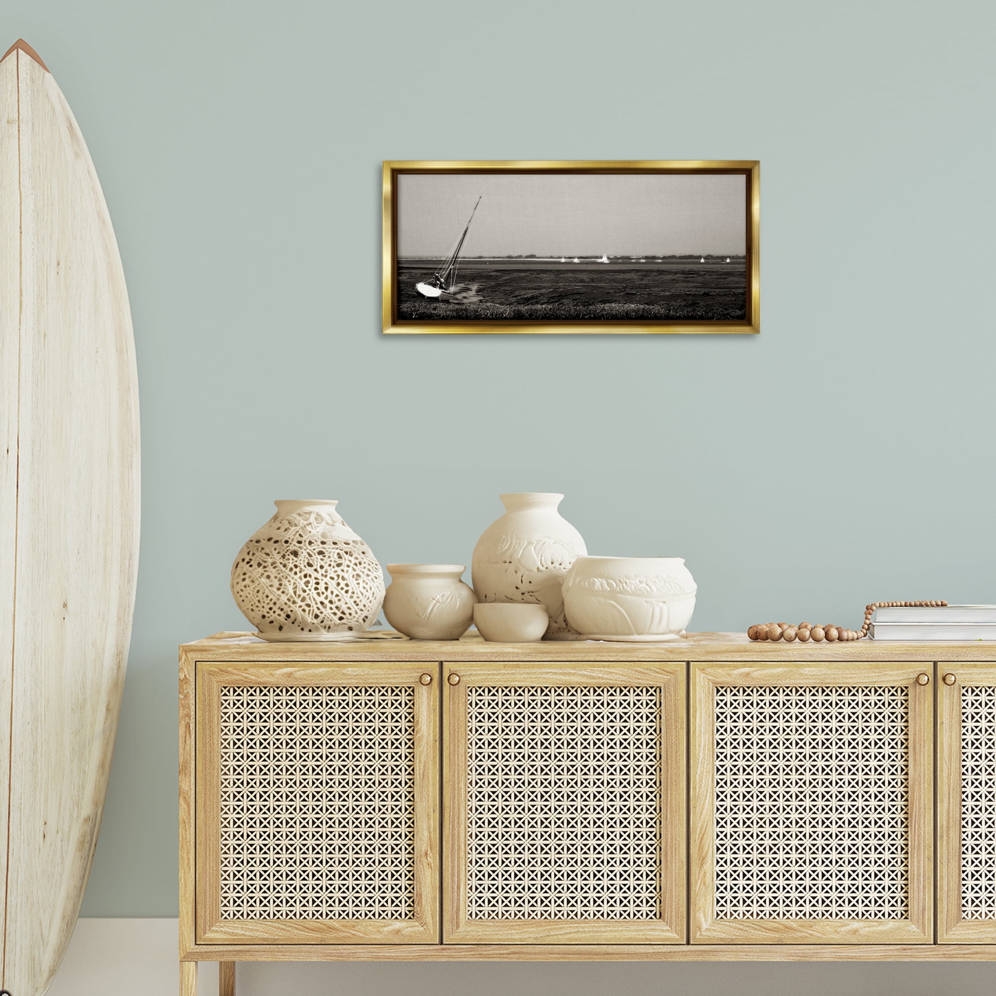 Stupell Industries Boating Towards Hayling Coastal Photography Gold Floater Framed Canvas Art Print Wall Art, 31 x 14