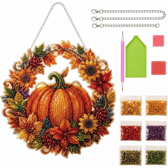 Autumn Harvest Pumpkin Diamond Art Hanging Ornament Kit, 5D Acrylic Sunflower Fall Craft for Window, Wall, Door, Garden Home Decor(10in)Q