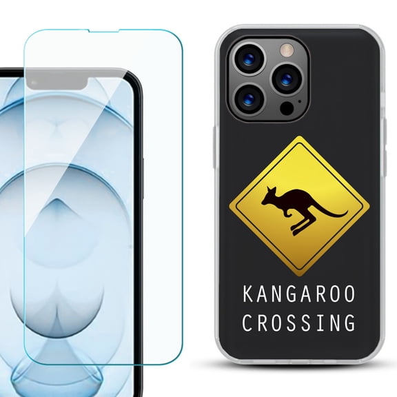 Slim-Fit Gel TPU Phone Case for iPhone 13 Pro Max, with Tempered Glass Screen Protector, by OneToughShield ® - Road Sign Kangaroo