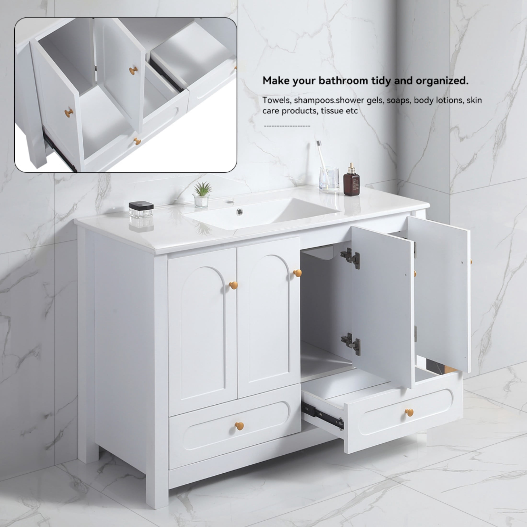48"Bathroom Vanity, Bathroom Storage Cabinet with 4 Soft close doors and 2 drawers, Freestanding Bathroom Vanities with Sink, White