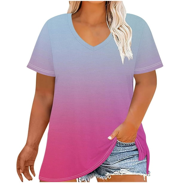 Camiseta de Base de Impresión de Manga Corta con Cuello en V para las Mujeres, Más Tamaño Estante de Imitación Casual Superior