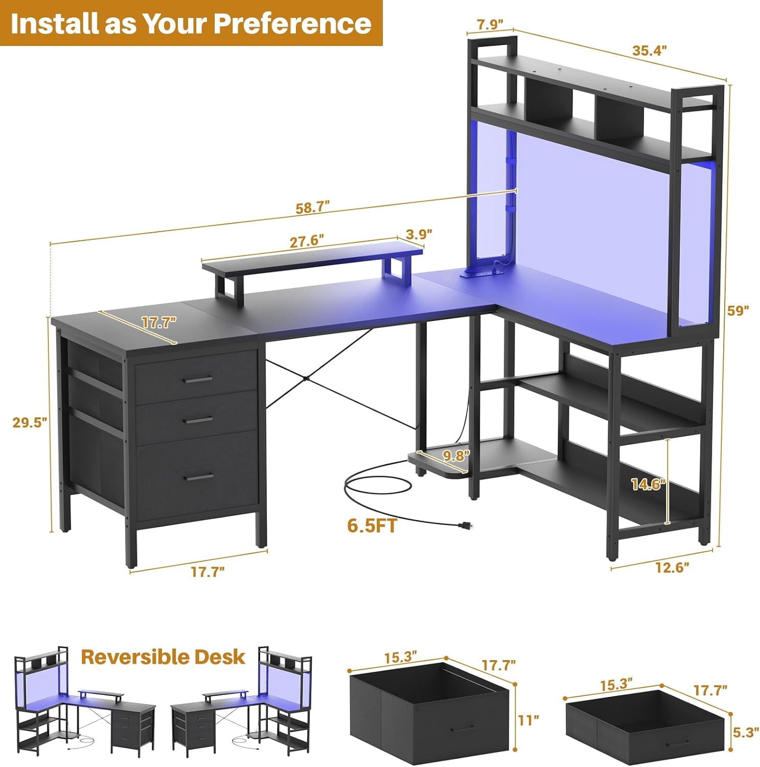 Homieasy 58.7'' L Shaped Computer Desk with Hutch, Power Outlets, LED Lights & Storage Drawers, for Home & Office, Black