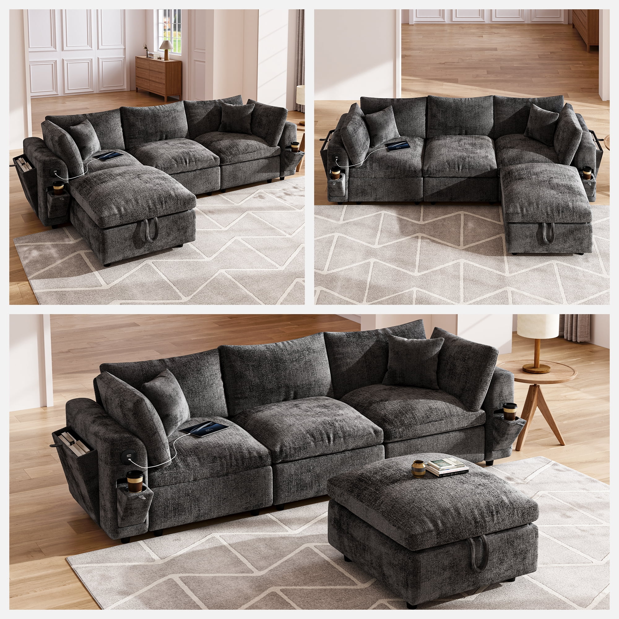 BINBANK Luxurious Cloud Modular Sectional Sofa, Modern Chenille Couch L-Shaped with Storage Ottoman, USB Type-C Ports & Cup Holders for Living Room