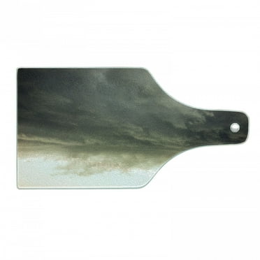 Clouds Cutting Board, Heavy Storm Clouds in Dark Sky Hurricane Weather Cloudscape Mass of Liquid Droplets Image, Tempered Glass Cutting and Serving Board, Wine Bottle Shape, Grey, by Ambesonne