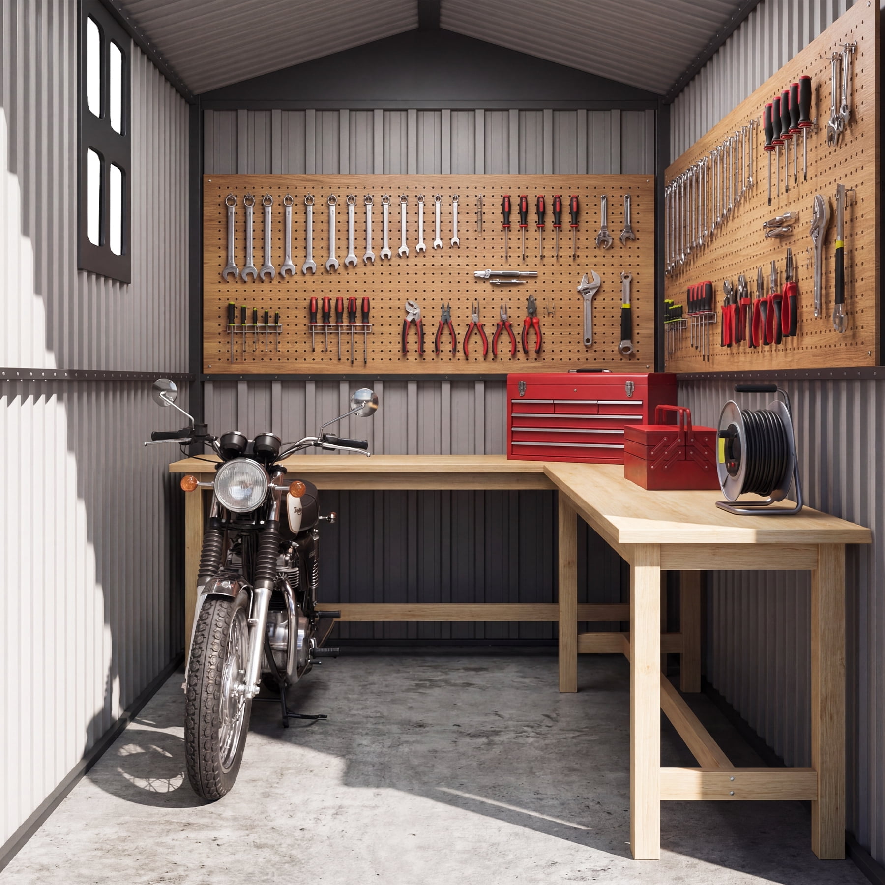 Chery Industrial Outdoor Metal Motorcycle Storage Shed with Window ,without Tracks & Fixtures,Grey&White