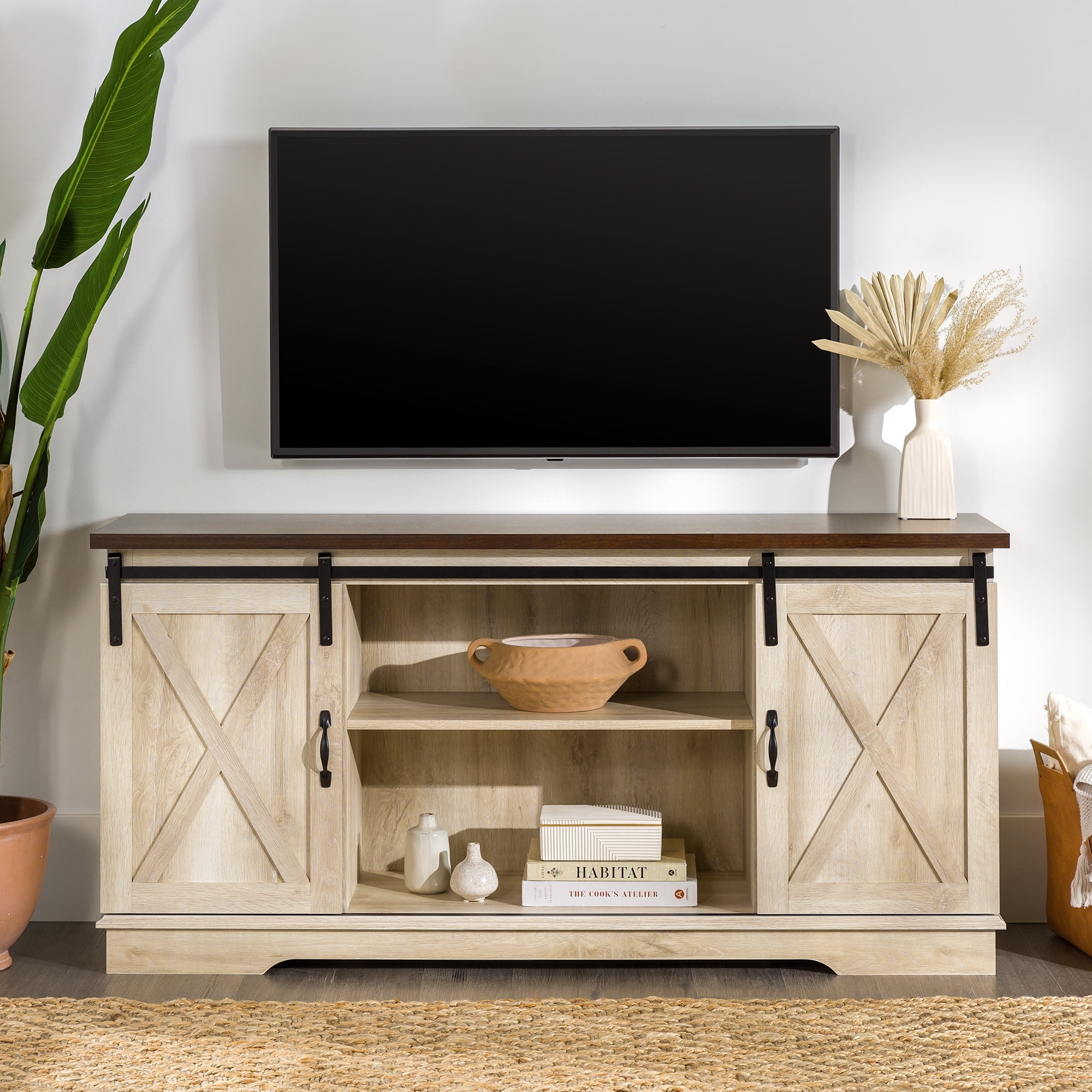 Woven Paths Sliding Farmhouse Barn Door TV Stand for TVs up to 65 Grey Wash