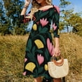 thumbnail image 4 of Floral Pattern Dark Background Pink Yellow Flare Dress Square Neck Dress Elegant Female Fashion Printed Dress, 4 of 9