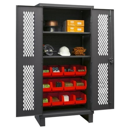 

Durham HDCV36-12B-2S1795 12 Gauge Recessed Door Style Lockable Ventilated Cabinet with 12 Red Hook on Bins & 2 Adjustable Shelves Gray - 36 in.