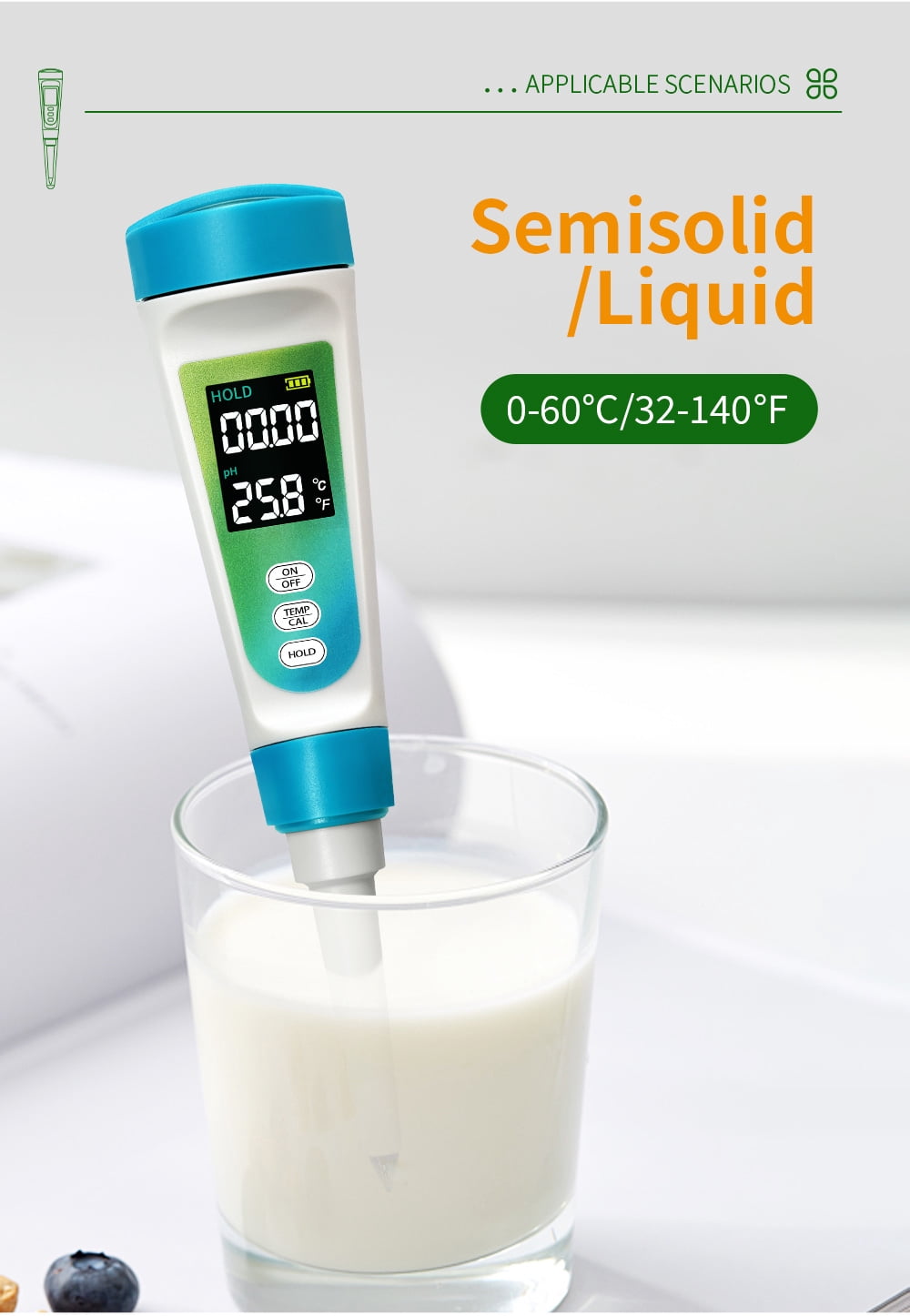 New 2-in-1 food PH Meter & Thermometer, Digital PH test pen for dough cheese meat fruit, high accuracy acidity tester for kitchen food safety