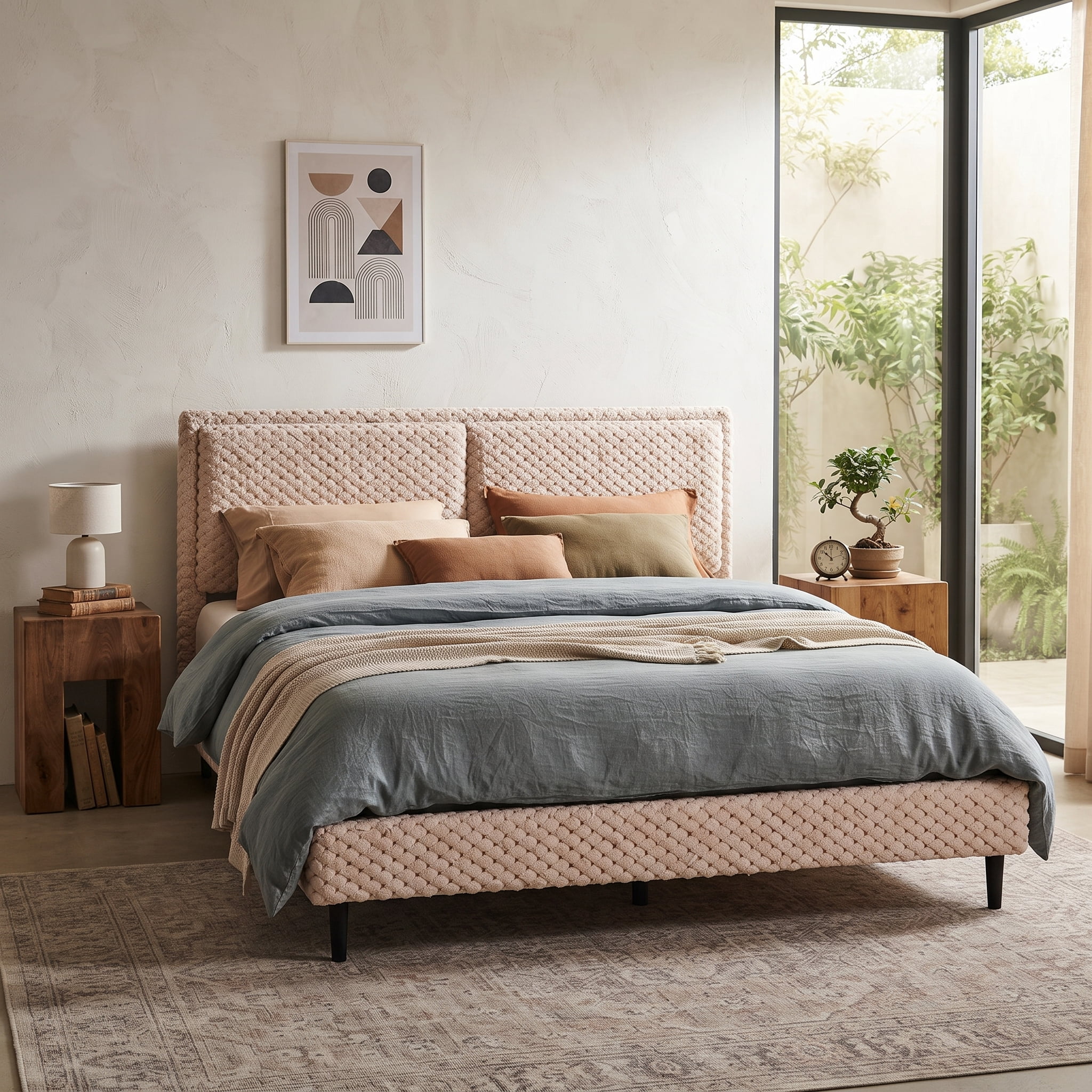 Mintazer Queen Size Upholstered Platform Bed Frame with Wingback Headboard, Textured Plush Fabric Bed with Metal Support, No Box Spring Needed, Camel
