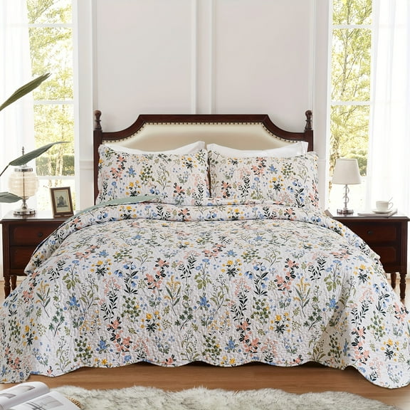 LEAONME 3pcs Full Queen King Size Quilt Set Lightweight Garden Style Bedspread Coverlet Floral Printed Oversized Bedding Set with Shams for All Season