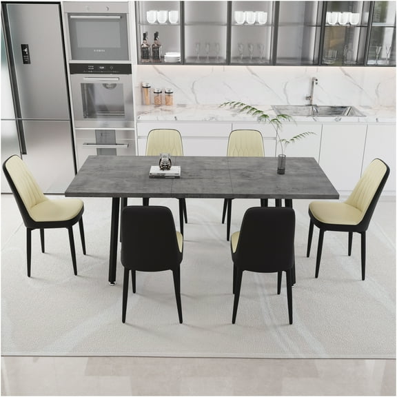 JERFIT 6-Piece Expandable Dining Table Set with PU Upholstered Chairs, Modern Kitchen Table for 4-6 Person, Beige Grey and Black