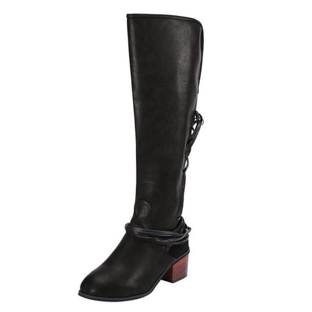 

Boots for Women Clearance Deals! Verugu Low Heel Comfort Winter Boots Women s Knee-High Boots Women Boots Retro Shoes Casual Thick Low-heeled Boots Plus Size Mid Calf Lace Up Boots Black 36