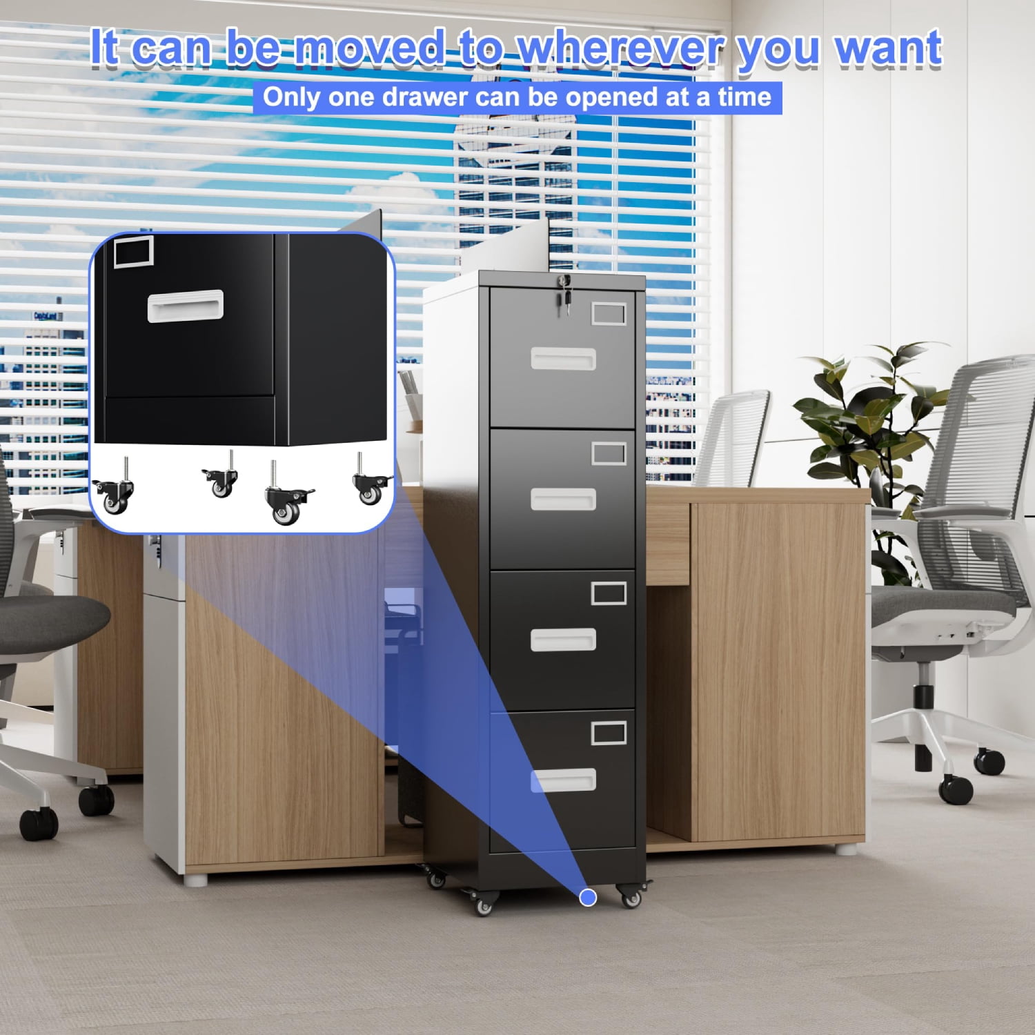 4 Drawer Vertical File Cabinet on Wheels, Lockable Office Storage with Handle & Name Card Slots, Mobile Cabinet for Office & Home, Black