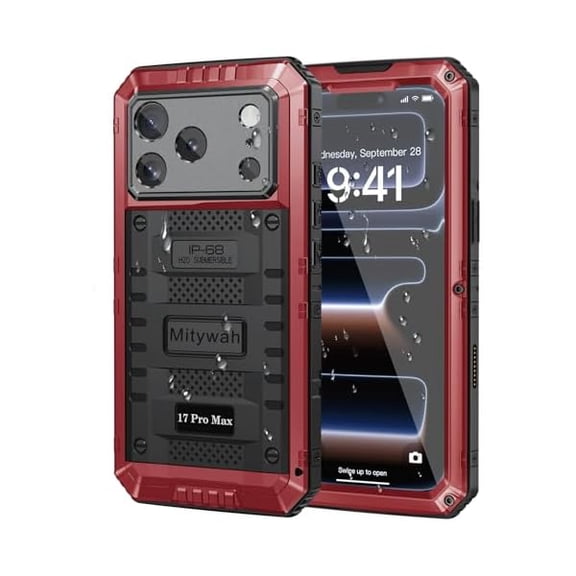 Waterproof Case for iPhone 17 Pro Max, Rugged Metal Case with Built-in Screen Protector, Heavy Duty Full Body Shockproof Protective Cover 6.9 inch, Red