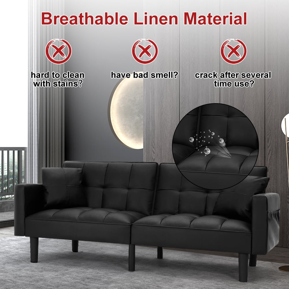 AVAWING Modern Upholstered Sofa Bed, Convertible Sectional Sofa, Upholstered Futon Faux Leather Couch w/ 2 Pillows, Apartment, Black