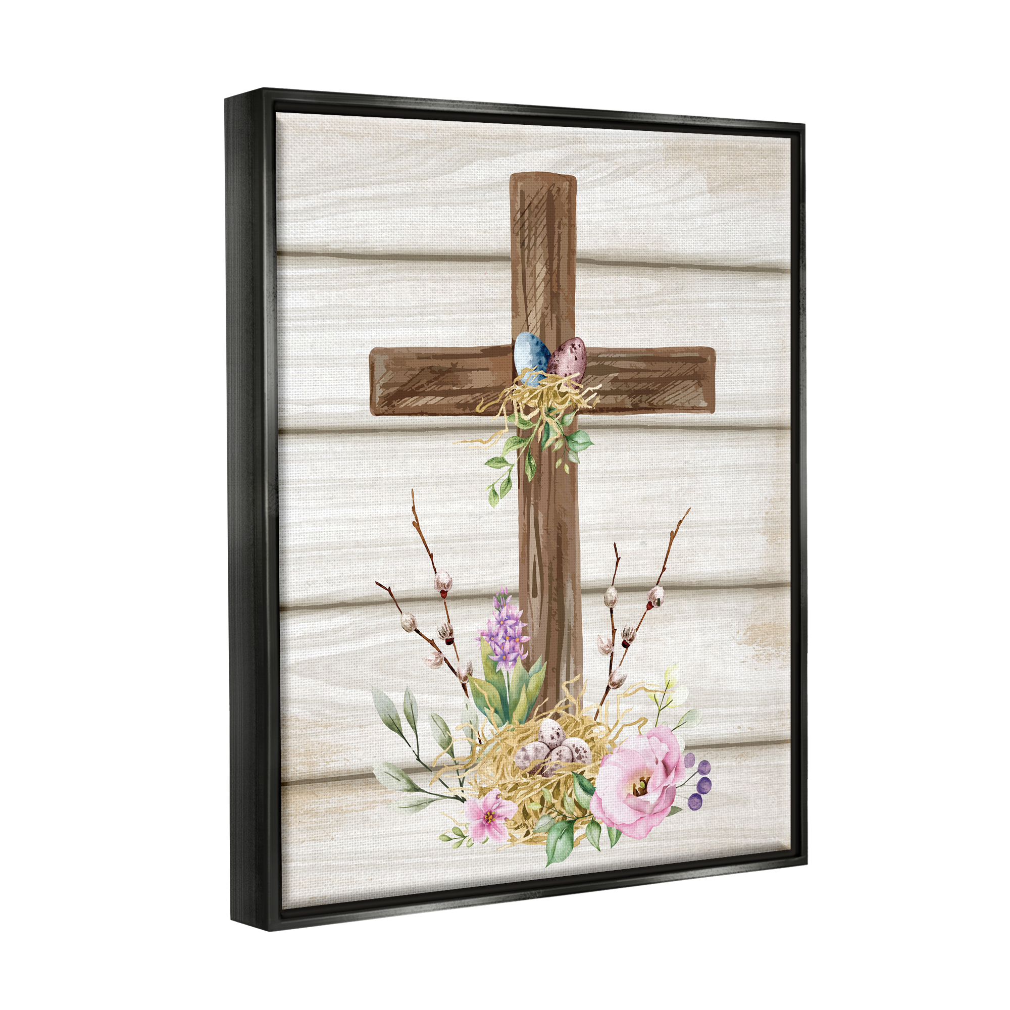 Stupell Spiritual Easter Cross Spring Blossoms Holiday Painting Black Floater Framed Art Print Wall Art