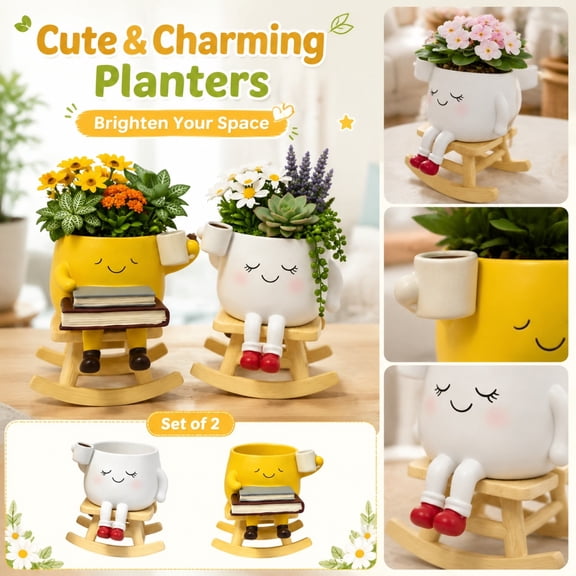 White Rocking Chair Shaped Resin Plant Pot, Cute Home Decor, Cute Office Desk Accessories, Decor for Indoor, 4.5X4 Inch Whimsical Closed-Eye Smiling Face Design, Ideal for Small