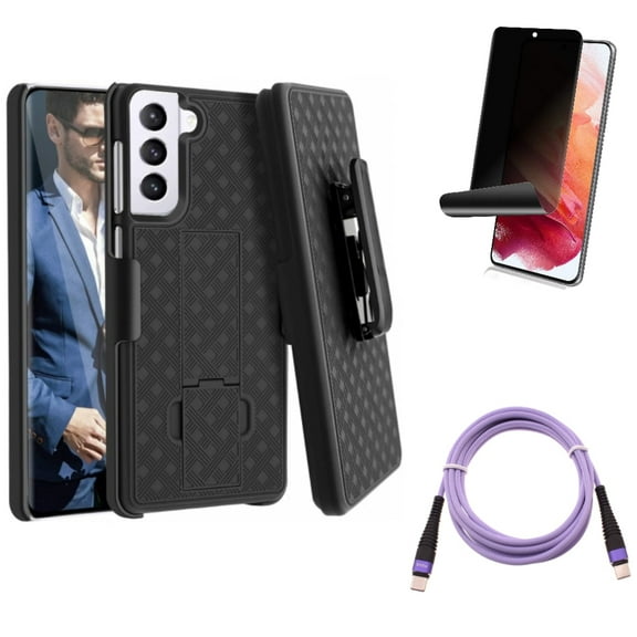Purple 6ft PD Cable w Case Belt Clip w Privacy Screen Protector for Samsung Galaxy S21 Plus - Type-C to USB-C Long Charger Cord, Holster Swivel, TPU Film Fingerprint Works Accessory Bundle