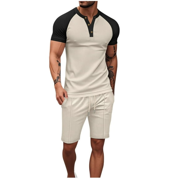 Stamzod Mens Short Sets 2 Piece Outfits Summer Patchwork Crew Neck Short Sleeve Shirt and Shorts Casual Loose Fit Plus Size Athletic Outfits for Men with Pocket Khaki XXXL