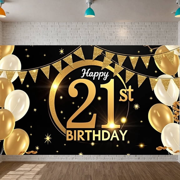 Golden 21st Birthday Banner Glitter Display Balloon Decor Pennant Banner 21st Party Backdrop for 21st Birthday Party Adult Celebration Milestone Event