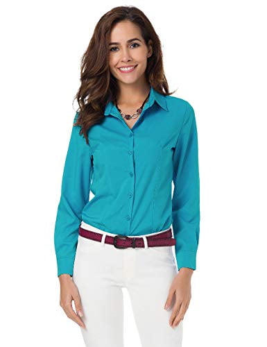 Atnlewhi Women Basic Long Sleeve Button Down Shirts Simple Pullover, Peacock Blue, S, Women's, Size: Small
