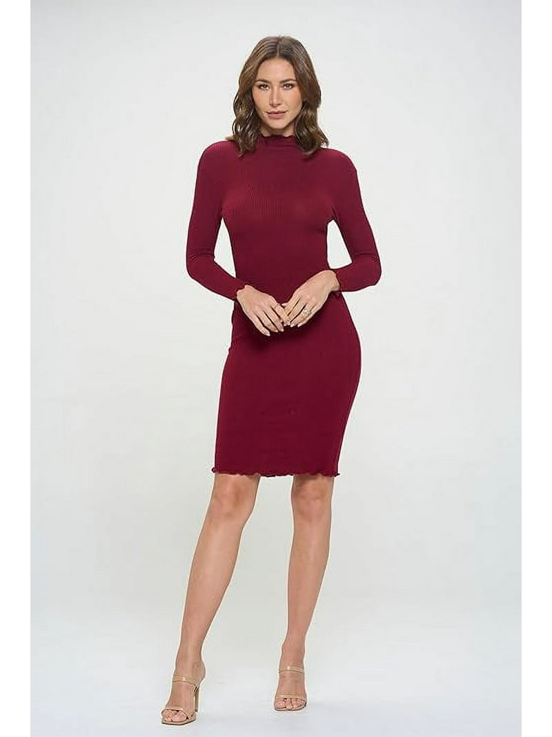 Women's Long Sleeve Midi Cocktail Bodycon Dress, Stretchy Ribbed Knit, High  Neck(Ruby Dark Small Size)