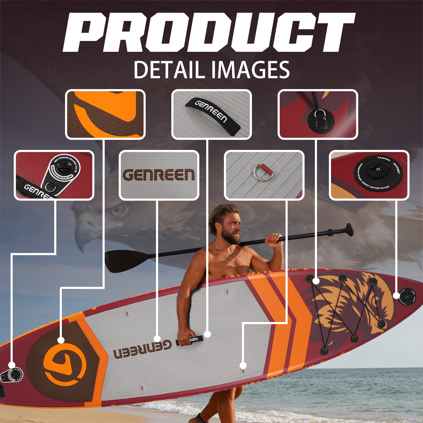 Genreen 11ft Inflatable Stand Up Paddle Board (SUP), 6 Inch Thick Non-Slip Fishing Paddle Board with Full Premium SUP Accessories