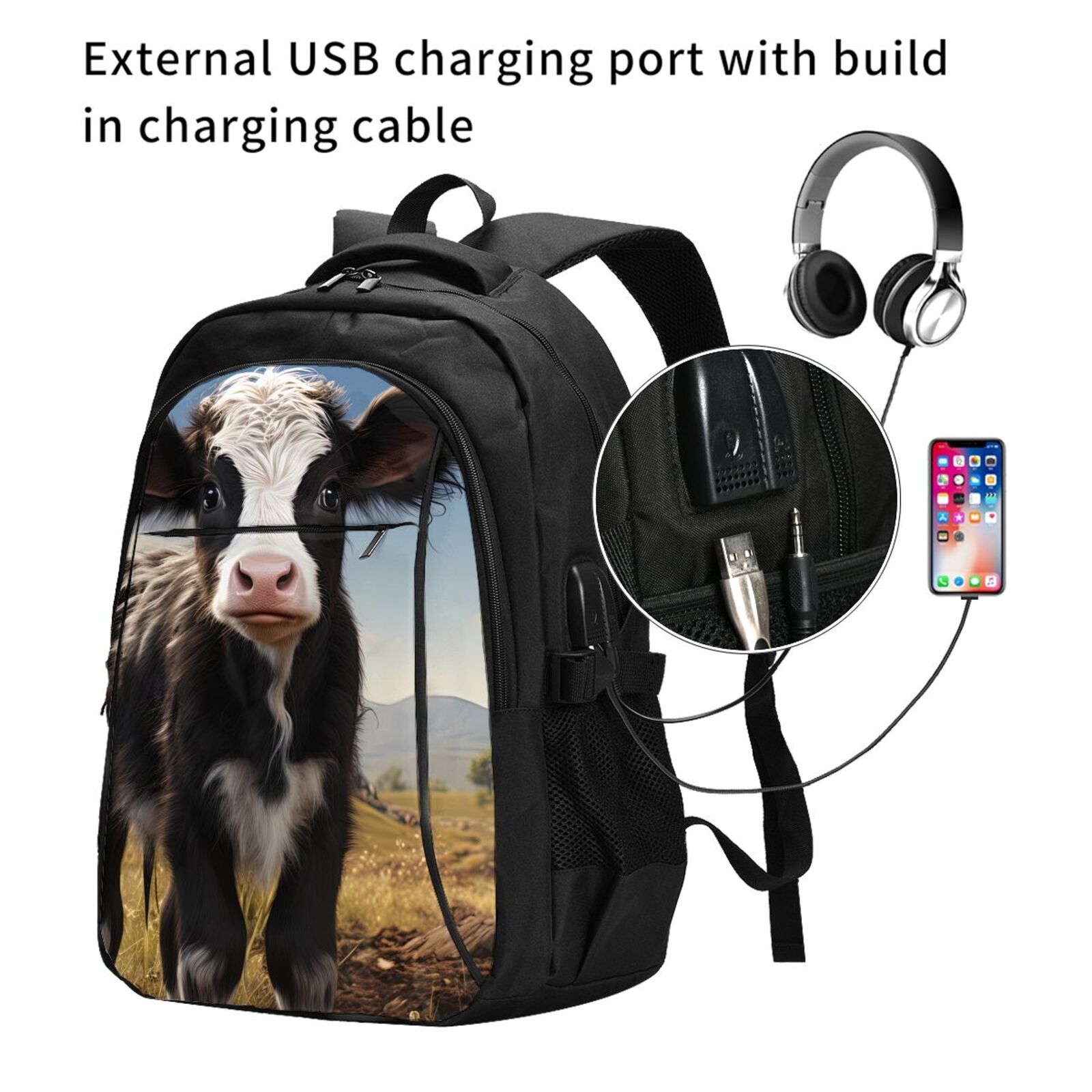 Horeoi Cute Prairie Cow Print USB Backpack for Travel School Work with Laptop Compartment Charging Port and Anti-Theft Pocket